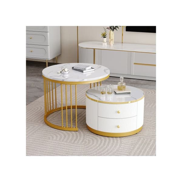 Elegant set of 2 white nesting coffee tables, 60*60*45.5 cm and 50*50*32 cm, round table, 2 drawers.