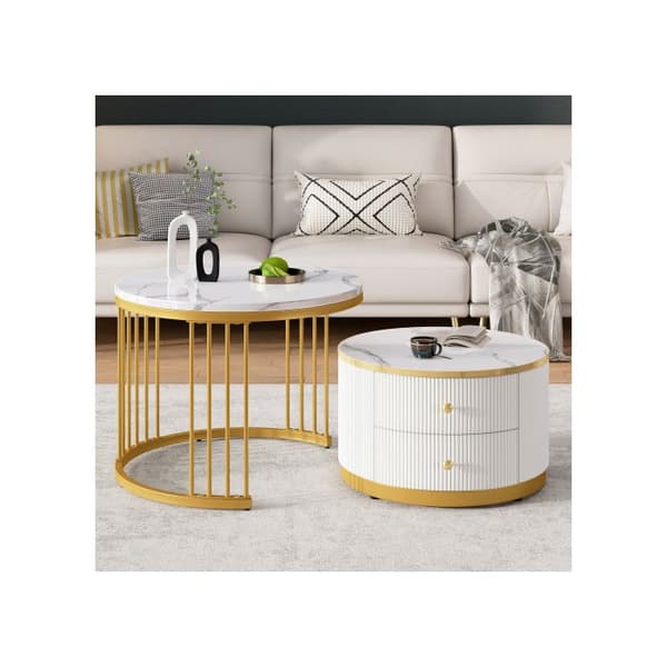 Elegant set of 2 white nesting coffee tables, 60*60*45.5 cm and 50*50*32 cm, round table, 2 drawers.