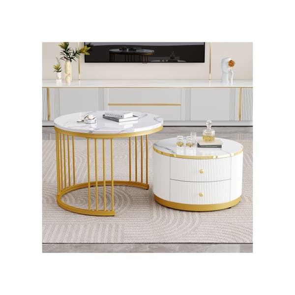 Elegant set of 2 white nesting coffee tables, 60*60*45.5 cm and 50*50*32 cm, round table, 2 drawers.