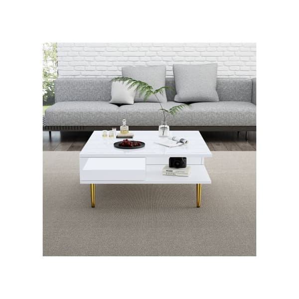 Fyrkantigt vitt blankt soffbord med två lådor, två öppna fack och gyllene ben - 70 x 70 x 36 cm