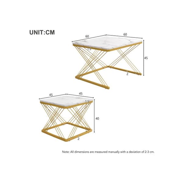 Set med 2 eleganta soffbord, kvadratiska 60*60*45 cm och 45*45*40 cm, blank marmorutseende.