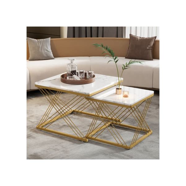 Set med 2 eleganta soffbord, kvadratiska 60*60*45 cm och 45*45*40 cm, blank marmorutseende.
