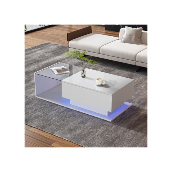 Soffbord 100x50x32 cm vit glänsande - med glasplatta och lådor, repfritt, med 1 låda, med LED-belysning