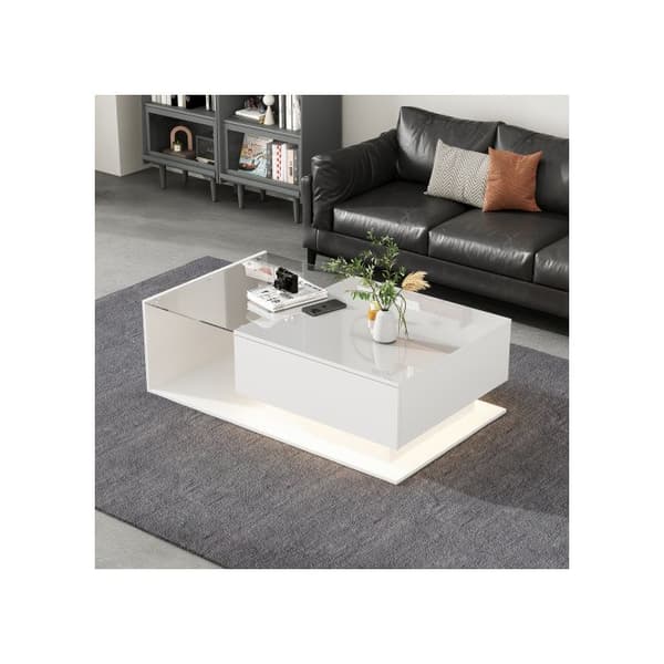 Soffbord 100x50x32 cm vit glänsande - med glasplatta och lådor, repfritt, med 1 låda, med LED-belysning