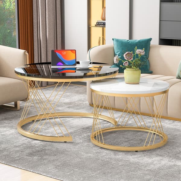 Modern soffgrupp, soffbordsset, marmorfaner, sidobord med soffa, runt bord, set om 2, guldram