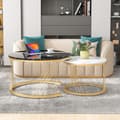 Miniatyrbild 4 av 7: Modern soffgrupp, soffbordsset, marmorfaner, sidobord med soffa, runt bord, set om 2, guldram