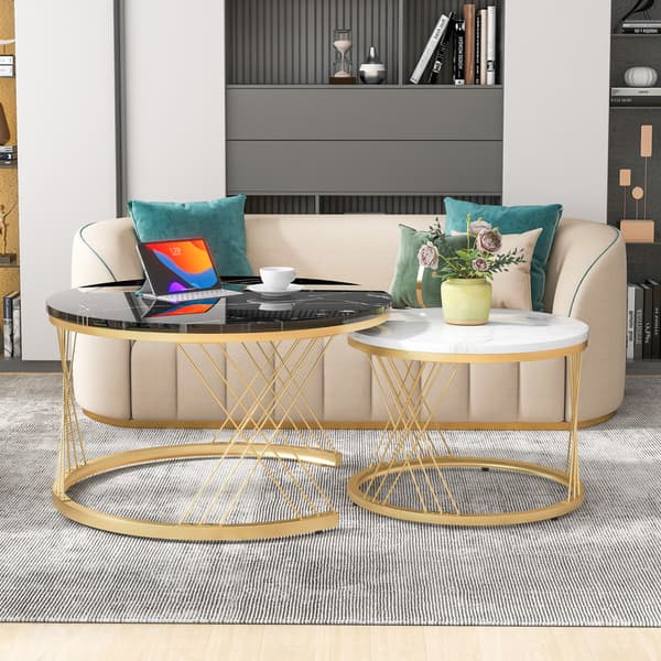 Modern soffgrupp, soffbordsset, marmorfaner, sidobord med soffa, runt bord, set om 2, guldram