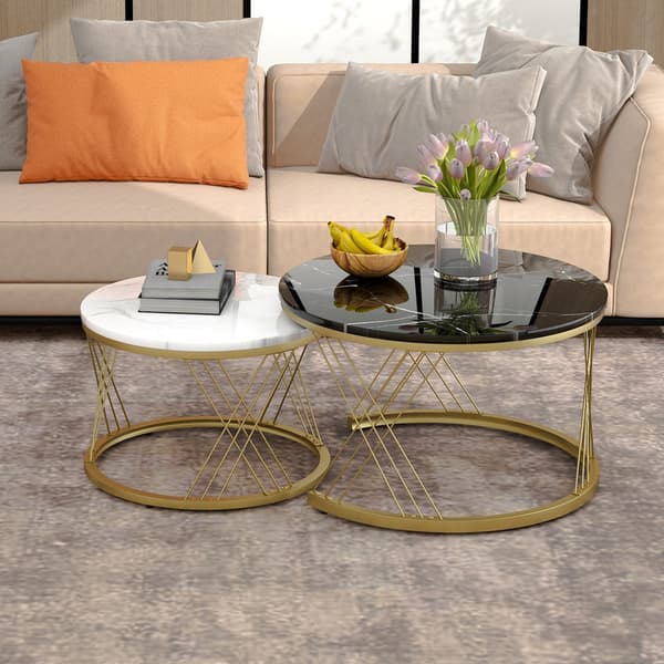 Modern soffgrupp, soffbordsset, marmorfaner, sidobord med soffa, runt bord, set om 2, guldram