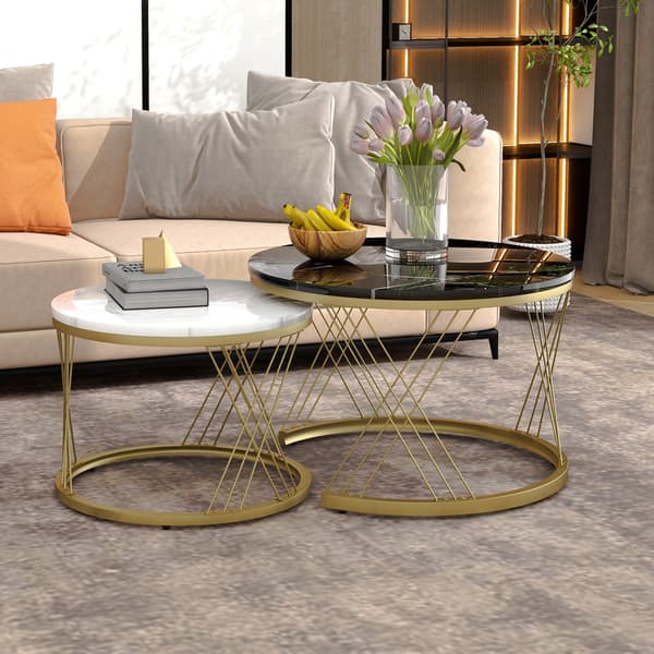 Modern soffgrupp, soffbordsset, marmorfaner, sidobord med soffa, runt bord, set om 2, guldram