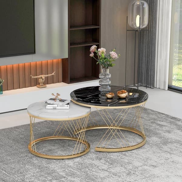 Modern soffgrupp, soffbordsset, marmorfaner, sidobord med soffa, runt bord, set om 2, guldram