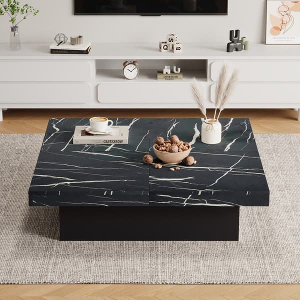 Moderne sort firkantet sofabord med marmor udvendigt design, fire skuffer, skydeplade, 30 kg belastning