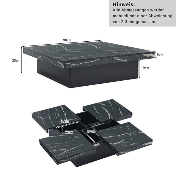 Moderne sort firkantet sofabord med marmor udvendigt design, fire skuffer, skydeplade, 30 kg belastning