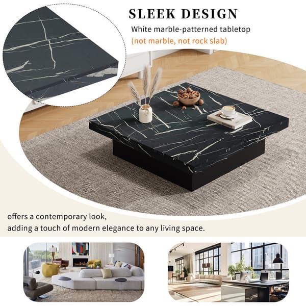 Moderne sort firkantet sofabord med marmor udvendigt design, fire skuffer, skydeplade, 30 kg belastning