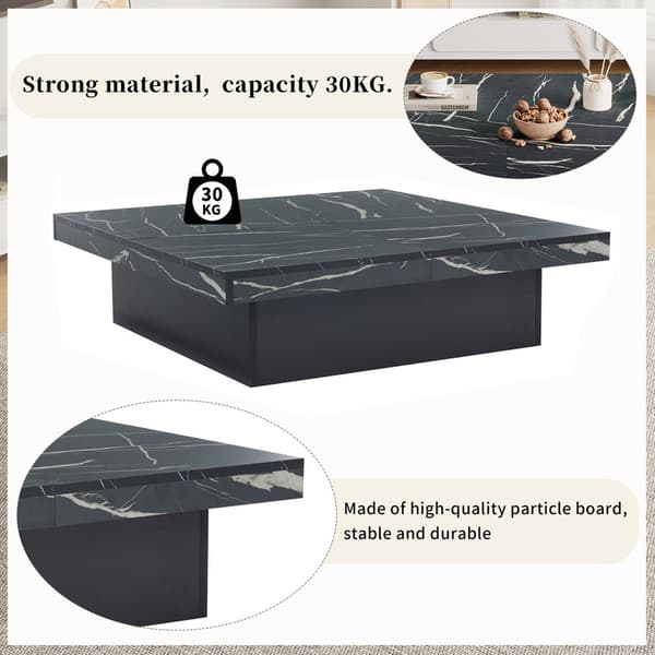 Moderne sort firkantet sofabord med marmor udvendigt design, fire skuffer, skydeplade, 30 kg belastning