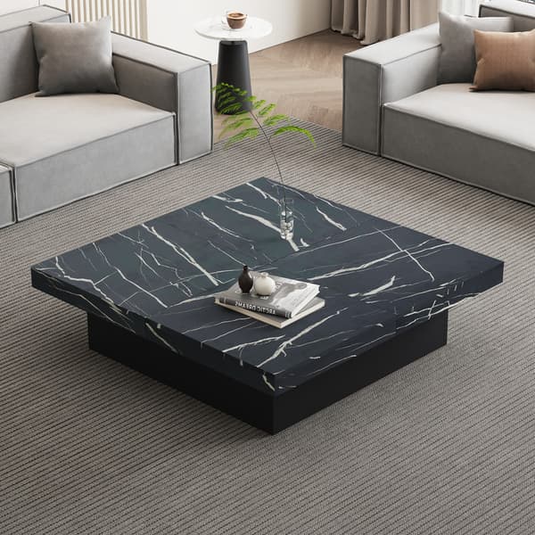 Moderne sort firkantet sofabord med marmor udvendigt design, fire skuffer, skydeplade, 30 kg belastning