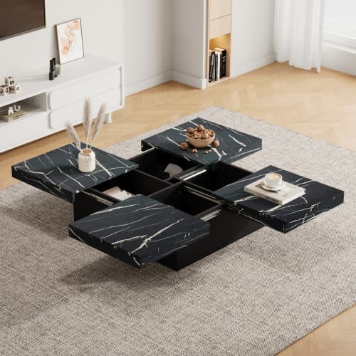 Moderne sort firkantet sofabord med marmor udvendigt design, fire skuffer, skydeplade, 30 kg belastning