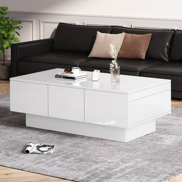 Hvidt moderne sofabord i højglans med skydefunktion, 2 skjulte rum, 2 skuffer til et elegant design til din stue