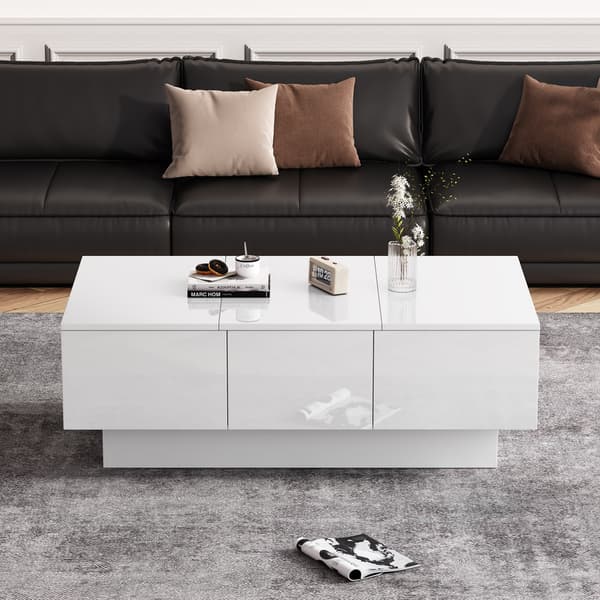 Hvidt moderne sofabord i højglans med skydefunktion, 2 skjulte rum, 2 skuffer til et elegant design til din stue