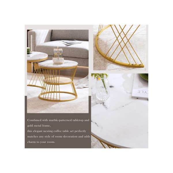 Set med 2 glänsande låg bord, runda sidobord för soffa, marmorf Finish, set om 2, gyllene struktur.