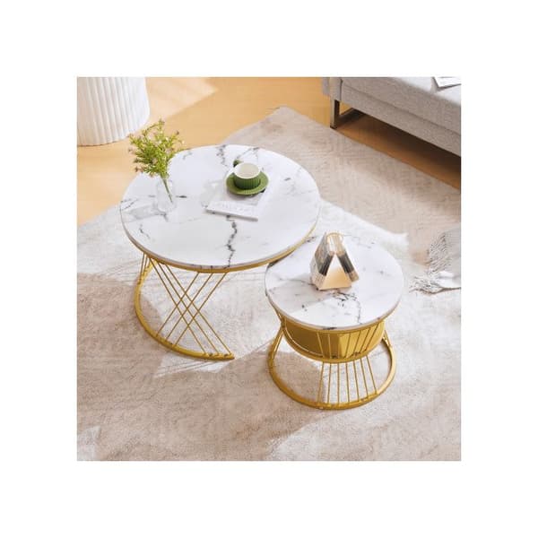 Set med 2 glänsande låg bord, runda sidobord för soffa, marmorf Finish, set om 2, gyllene struktur.