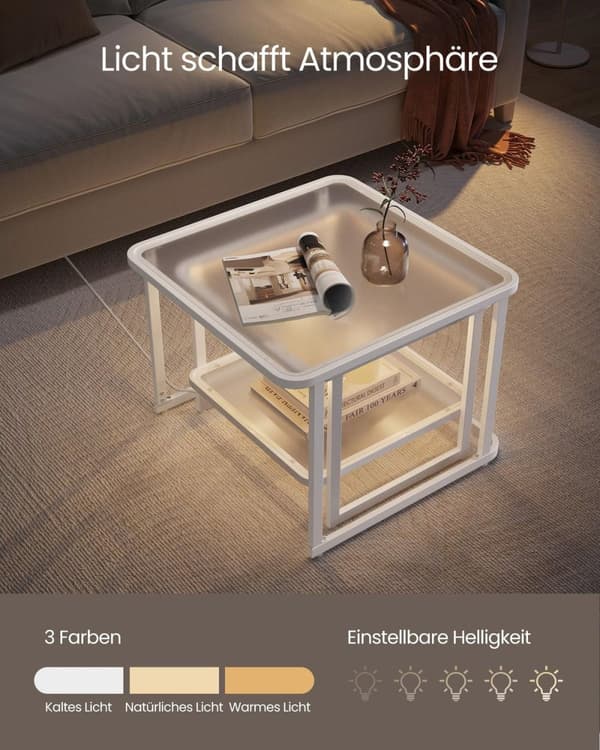 Rootz 2 -stykke sofabord sæt - LED -lette borde - Hård glasborde - Moderne design - 60x60x45cm & 50x50x40cm - Hvid gennemsigtig