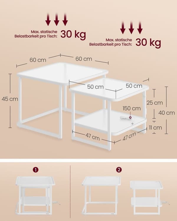 Rootz 2 -stykke sofabord sæt - LED -lette borde - Hård glasborde - Moderne design - 60x60x45cm & 50x50x40cm - Hvid gennemsigtig