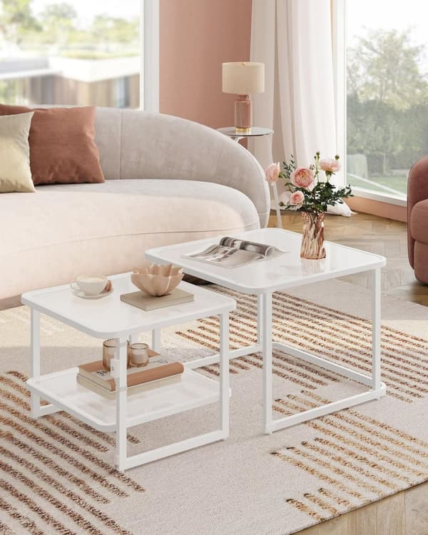 Rootz 2 -stykke sofabord sæt - LED -lette borde - Hård glasborde - Moderne design - 60x60x45cm & 50x50x40cm - Hvid gennemsigtig