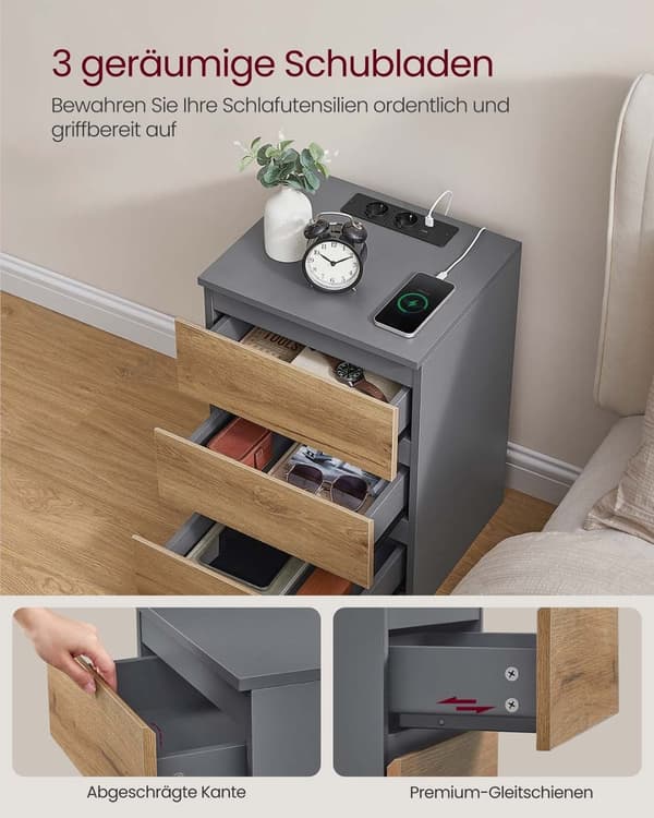 ROTZ 2 -bitar Set Bedside Table - Nightstand - End Table - Laddningsstation - Grå, brun - 35 cm x 40 cm x 59 cm
