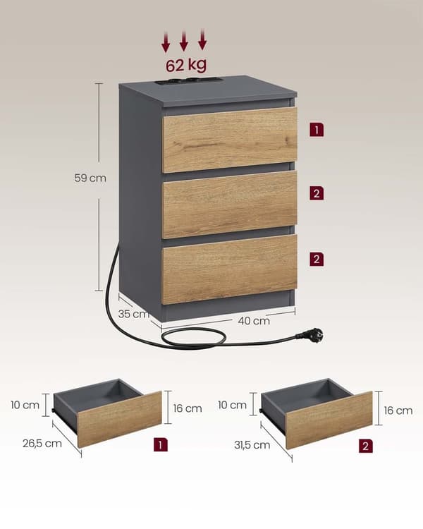 ROTZ 2 -bitar Set Bedside Table - Nightstand - End Table - Laddningsstation - Grå, brun - 35 cm x 40 cm x 59 cm