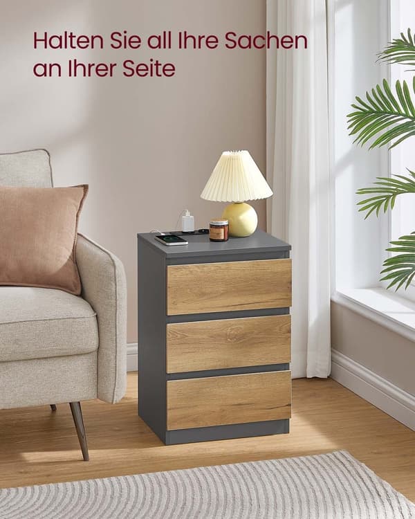 ROTZ 2 -bitar Set Bedside Table - Nightstand - End Table - Laddningsstation - Grå, brun - 35 cm x 40 cm x 59 cm