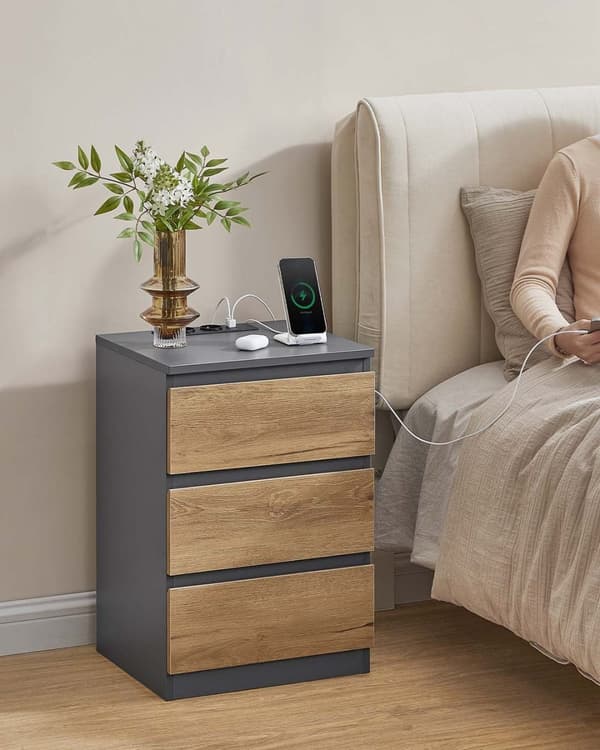 ROTZ 2 -bitar Set Bedside Table - Nightstand - End Table - Laddningsstation - Grå, brun - 35 cm x 40 cm x 59 cm