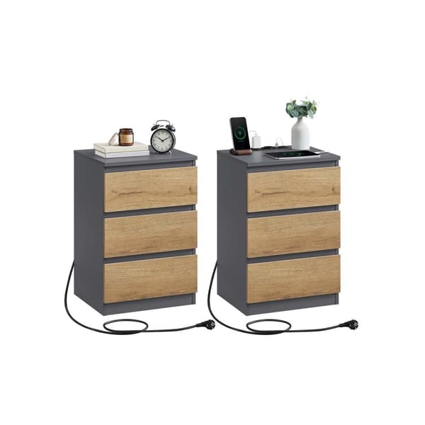 ROTZ 2 -bitar Set Bedside Table - Nightstand - End Table - Laddningsstation - Grå, brun - 35 cm x 40 cm x 59 cm