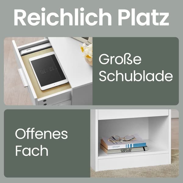 Rootz Bedside Table - Side Bord - Natbord - Med skuffe til ekstra opbevaring - Hvid - 28 cm x 39 cm x 41 cm