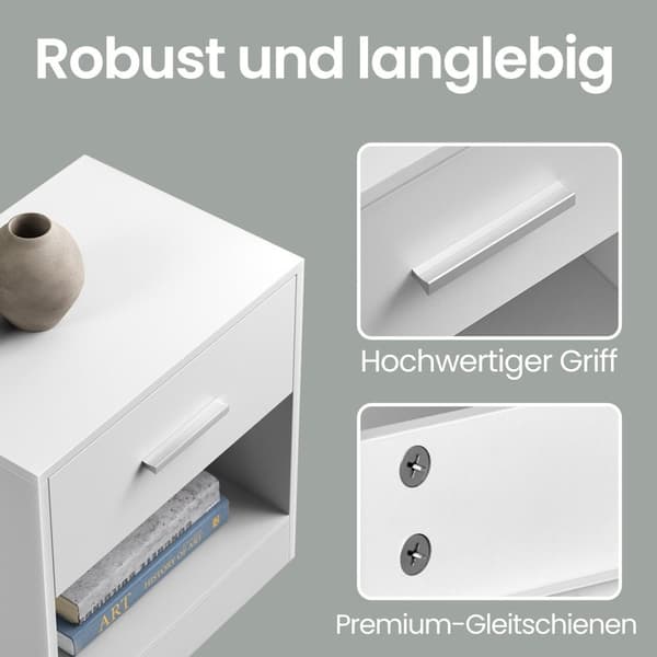 Rootz Bedside Table - Side Bord - Natbord - Med skuffe til ekstra opbevaring - Hvid - 28 cm x 39 cm x 41 cm