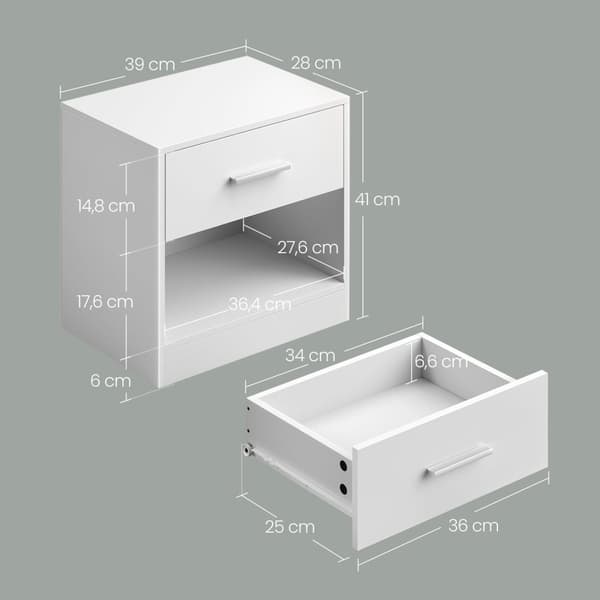 Rootz Bedside Table - Side Bord - Natbord - Med skuffe til ekstra opbevaring - Hvid - 28 cm x 39 cm x 41 cm
