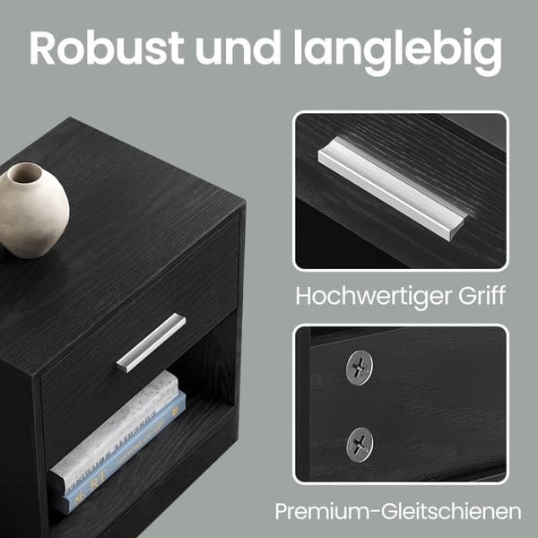 Rootz Bedside Table - Side Bord - Natbord med skuffe - Træspanel - Klassisk sort - 28 cm x 39 cm x 41 cm
