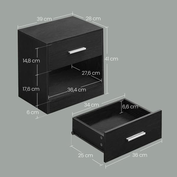 Rootz Bedside Table - Side Bord - Natbord med skuffe - Træspanel - Klassisk sort - 28 cm x 39 cm x 41 cm