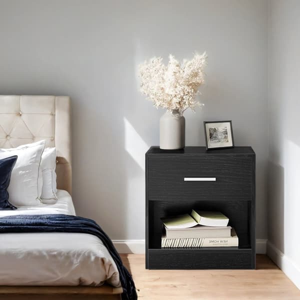 Rootz Bedside Table - Side Bord - Natbord med skuffe - Træspanel - Klassisk sort - 28 cm x 39 cm x 41 cm