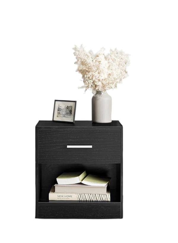 Rootz Bedside Table - Side Bord - Natbord med skuffe - Træspanel - Klassisk sort - 28 cm x 39 cm x 41 cm