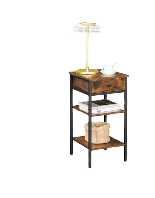 Rootz Bedside Table - Side Bord - Skuffe - Open Rum - Vintage Brown Black - Robust stålramme - 35 x 35 x 70 cm
