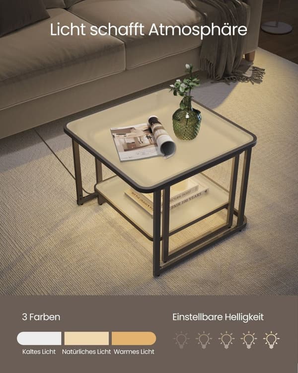 Rootz sofftabell 2 uppsättning med LED - hårda glasbord - stål accent - LED -belysning - 60x60x45cm & 50x50x40cm - molnvit bläck svart