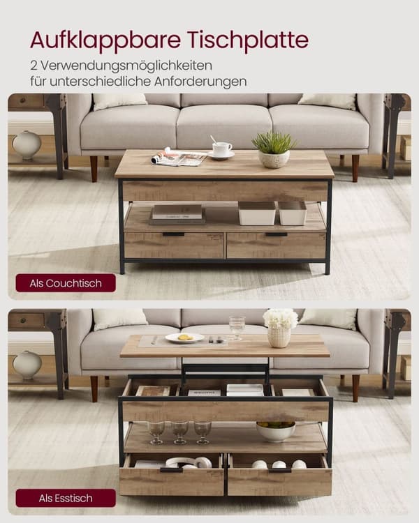 Rootz Sofabord med skuffer - Opbevaringsrum - Justerbar højde - Rumbesparende - Træspanel og stål - 50 x 100 x 48-63 cm