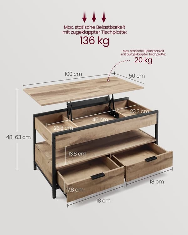 Rootz Sofabord med skuffer - Opbevaringsrum - Justerbar højde - Rumbesparende - Træspanel og stål - 50 x 100 x 48-63 cm