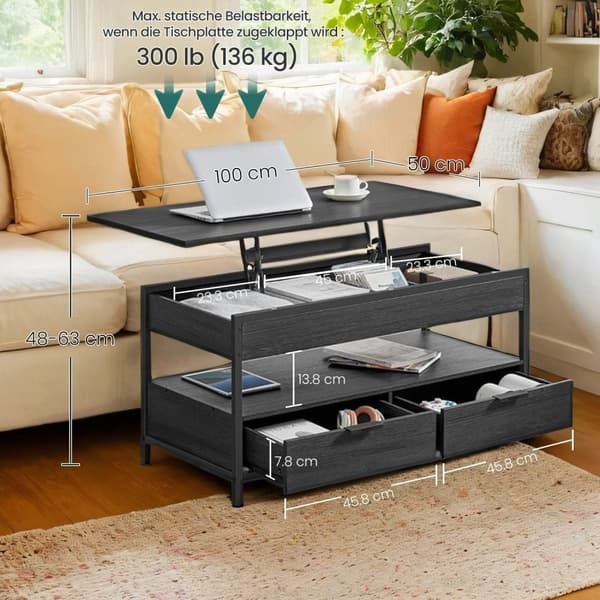 Rootz soffbord - vardagsrumsbord - höjdjusterbar bordsskiva - rymdbesparande - 50 x 100 x 48-63 cm - Anthracite grått bläck svart