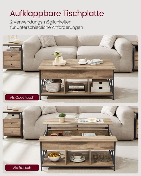 Rootz soffbord - cocktailbord - vardagsrumsbord - dold & öppen förvaring - trä spånbräda & stål - brun, svart - 60 x 120 x (48-62) cm