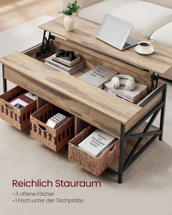 Rootz soffbord - cocktailbord - vardagsrumsbord - dold & öppen förvaring - trä spånbräda & stål - brun, svart - 60 x 120 x (48-62) cm