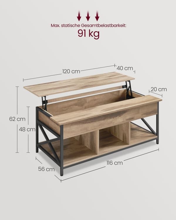 Rootz soffbord - cocktailbord - vardagsrumsbord - dold & öppen förvaring - trä spånbräda & stål - brun, svart - 60 x 120 x (48-62) cm