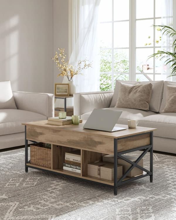 Rootz soffbord - cocktailbord - vardagsrumsbord - dold & öppen förvaring - trä spånbräda & stål - brun, svart - 60 x 120 x (48-62) cm