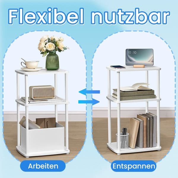 Rootz sidebord med 3 hylder - Opbevaringsbord - Display Stand - Holdbart design - 30 cm x 34 cm x 58 cm Snehvide