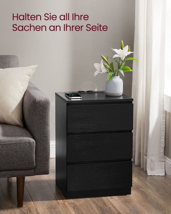 ROTZ SIDA TABLE - Nattsbord - Bedside Table - Modern Black - 3 Drawers - Wood Chipboard - 35 x 40 x 59 cm
